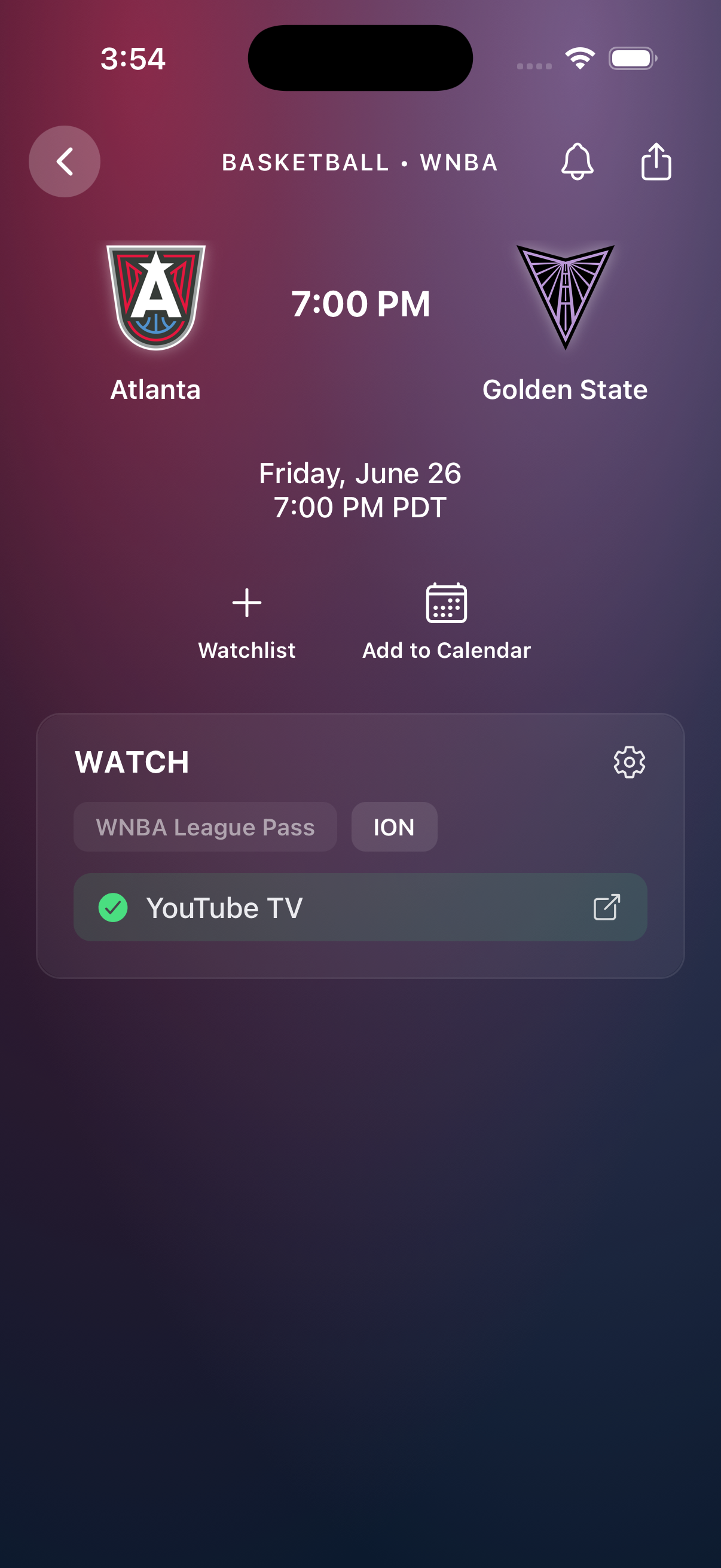 Game detail screen for a WNBA matchup showing where to watch, with watchlist and calendar actions