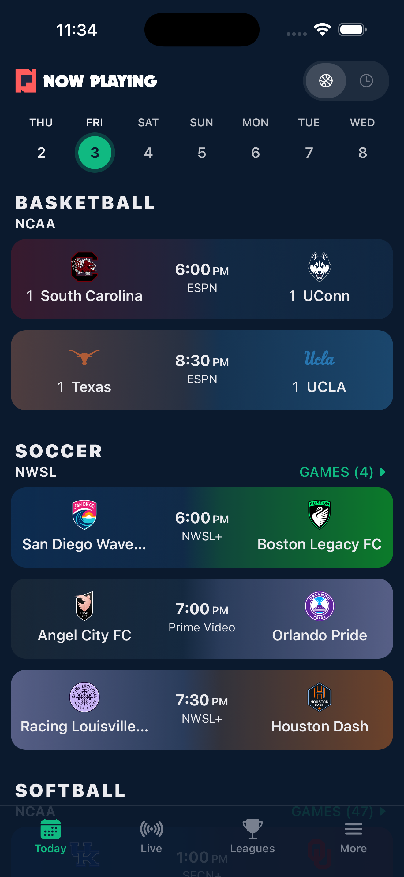 Now Playing app showing today's women's sports schedule including NCAA basketball and NWSL soccer