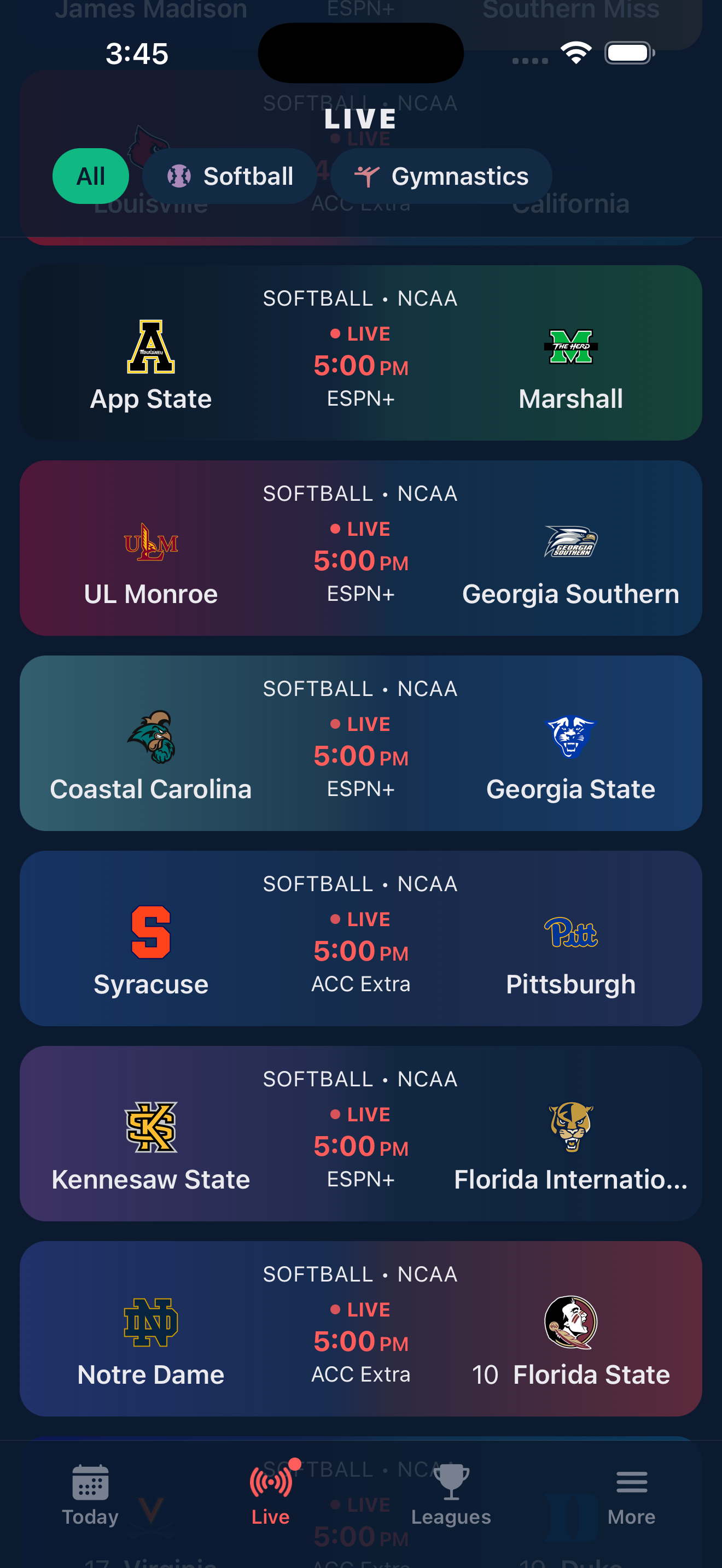 Live softball games with real-time detection indicators