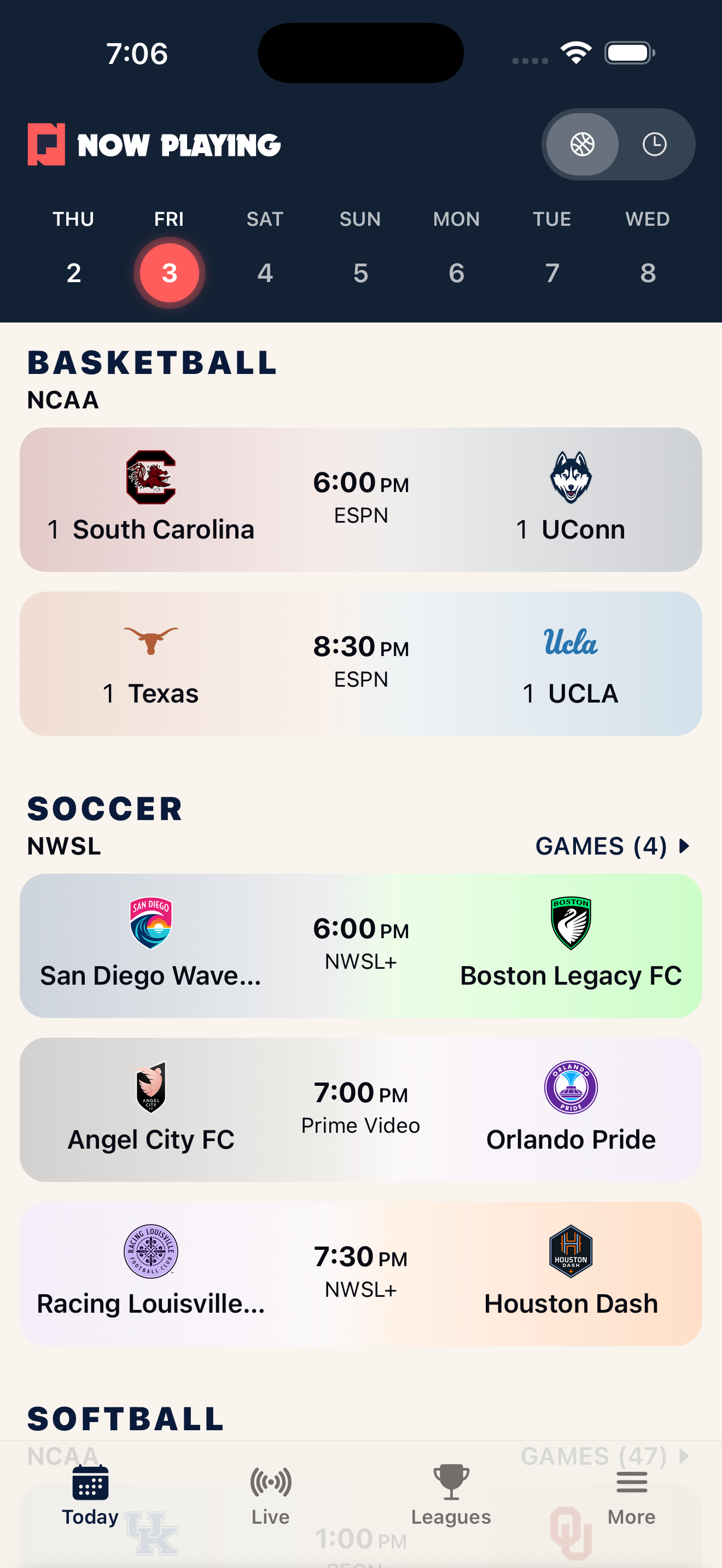 Light mode view showing basketball, soccer, and softball schedules