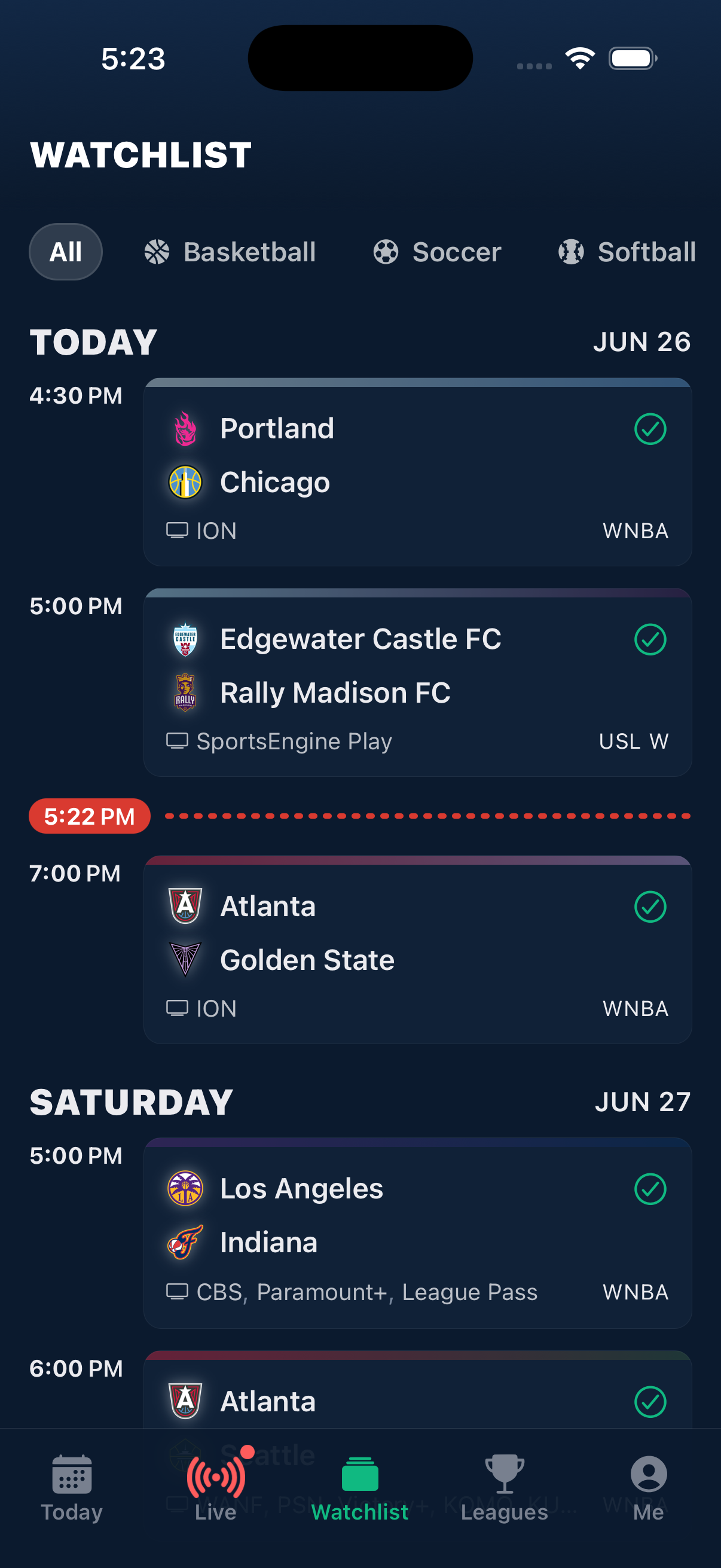 Watchlist screen showing a saved lineup of upcoming women's sports games grouped by day