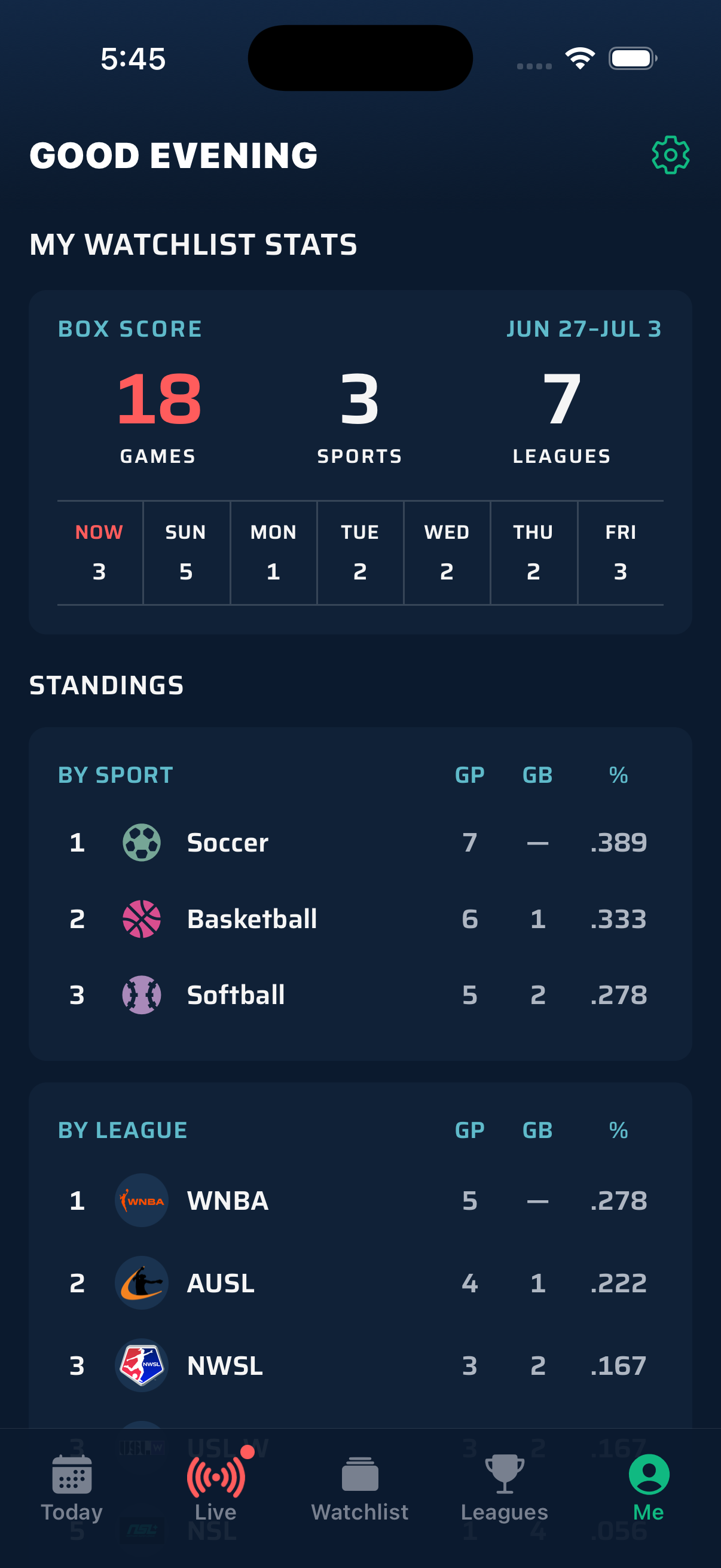 Watchlist stats screen with a box score of games, sports, and leagues plus standings